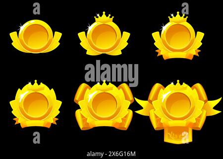Gold award badges for winning in game. Vector cartoon icons of golden medals with ribbons. Trophy or prize for best place in sport or competition. Stock Vector