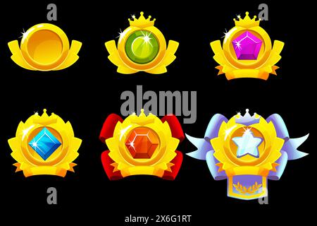 Gold award badges for winning in game. Cartoon icons of golden medals with ribbons and gems. Trophy or prize for best place in sport or competition Stock Vector