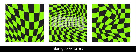 Psychedelic Checkerboard. Groovy hippie 70s backgrounds set. Trippy checkered wallpaper. Retro vector illustration in Y2k style. Funky distorted Stock Vector