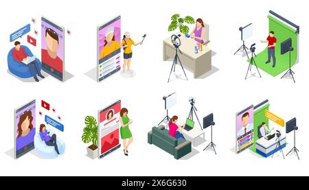 Isometric Display of camera recording video blog for blogger woman or man at home studio. Influencer vlogger. Video channel online. Online education Stock Vector