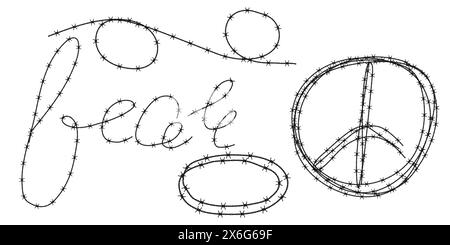 Twisted barbed wire silhouettes set in rounded and square shapes. Vector illustration of steel black wire barb fence frames. Concept of protection Stock Vector