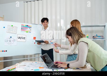 team of UI UX web designer are working together to develop mobile responsive websites with UI UX front end designer previews Stock Photo