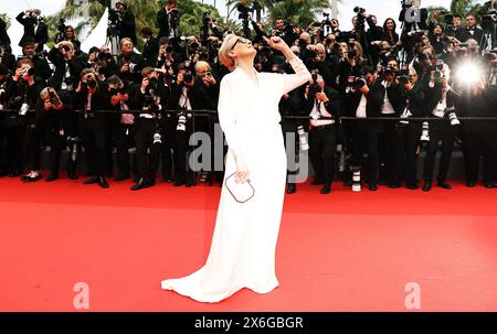 CANNES, May 15, 2024 (Xinhua) -- American actress and Honorary Palme d'or of the 77th edition of the Cannes Film Festival Meryl Streep arrives at the red carpet of the opening ceremony during the festival in Cannes, southern France, on May 14, 2024. The 77th edition of the Cannes Film Festival opened Tuesday on the French Riviera, with a selection of 22 films vying for the coveted Palme d'Or. This year's film competition includes entrees such as 'Kinds of Kindness' by Greek director Yorgos Lanthimos and epic science fiction drama 'Megapolis' by double Palme d'Or winner, Stock Photo