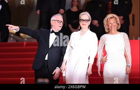 CANNES, May 15, 2024 (Xinhua) -- American actress Meryl Streep (C), Cannes Film Festival's President Iris Knobloch (R) and General Delegate Thierry Fremaux appear on the red carpet of the opening ceremony during the 77th edition of the Cannes Film Festival in Cannes, southern France, on May 14, 2024. The 77th edition of the Cannes Film Festival opened Tuesday on the French Riviera, with a selection of 22 films vying for the coveted Palme d'Or.   This year's film competition includes entrees such as 'Kinds of Kindness' by Greek director Yorgos Lanthimos and epic science Stock Photo