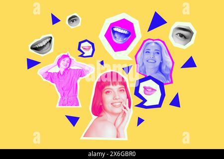 Composite collage image of beautiful female friends talk speech bubble conversation fantasy billboard comics zine minimal Stock Photo