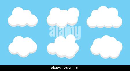 lat cloud. Simple cloudy shapes. Cartoon white puffy, fluffy and cumulus clouds in blue sky. Abstract comic weather elements Stock Vector