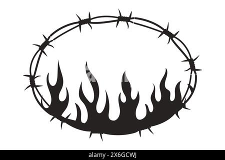 Wire Barb oval frame y2k tattoo border with flame silhouette gothic spiky punk print neo tribal isolated on white background. Barbwire emo boundary heart shape. Vector illustration Stock Vector