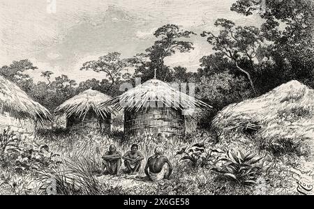 Native African indigenous people of the village of Kameruka, Uganda, East Africa. Drawing by Edouard Riou (1833 - 1900) The lakes of equatorial Africa, exploration voyage 1883-1885 by Victor Giraud (1858-1898) Le Tour du Monde 1886 Stock Photo