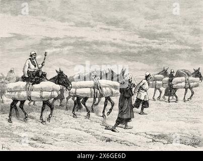 Transportation of deceased persons on horseback to Karbala, Iraq. Middle East. Drawing by Oswaldo Tofani (1849 - 1915) Persia, Chaldea and Susiana 1881-1882 by Jane Dieulafoy (1851 - 1916) Le Tour du Monde 1886 Stock Photo