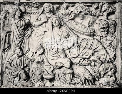 Chair of the Annunciation and Nativity made by Nicola Pisano in 1260. Baptistere Saint Jean, Piazza dei Miracoli. Pisa. Tuscany, Italy. Europe. Travel through Tuscany 1881 by Edgar Barclay (1842 - 1913) Le Tour du Monde 1886 Stock Photo
