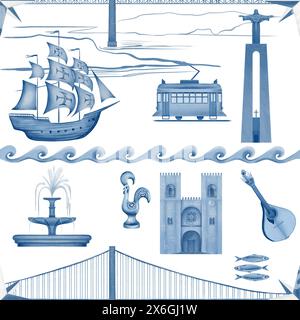 Symbols of portugal stylized monochrome blue and white in seamless pattern. April 25 bridge,Jesus statue,old ship,tram,cockerel,fado guitar,fountain Stock Photo