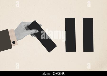 Trend artwork composite sketch photo collage of silhouette huge hands finger hold pull push move black color platform geometry element Stock Photo