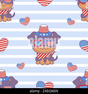 Seamless pattern with patriotic dog Rottweiler in party glasses, hat and neckerchief in colors of American flag on blue and white striped background. Stock Vector