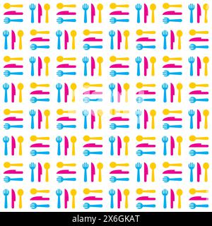 seamless pattern spoon, fork, knife with color kitchen items. food icon background Stock Vector