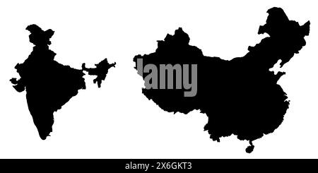 Black silhouette drawing of China and India. Map illustration of Asian countries. Stock Photo