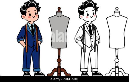 A set of cartoon vector illustrations featuring a professional male tailor in a blue suit with a measuring tape, standing next to a garment mannequin, Stock Vector