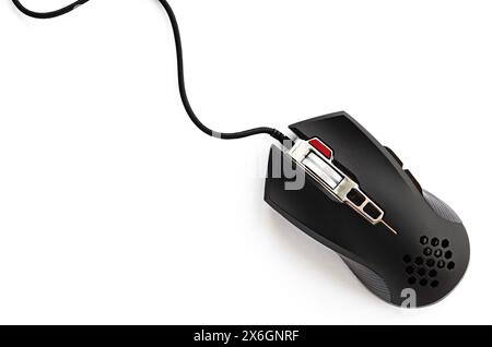 Black computer mouse close-up on a white background. Professional gaming wired mouse isolated on a white background Stock Photo