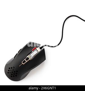 Black computer mouse close-up on a white background. Professional gaming wired mouse isolated on a white background Stock Photo