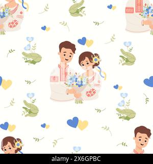 Seamless pattern with Ukrainian people. Cute enamored couple man and woman in traditional embroidered clothes vyshyvanka on white background with flow Stock Vector