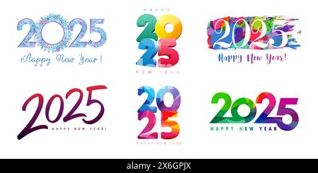 2025 art design colored big set of Happy New Year logo. Numbers 2025 from snowflake, colored stained glass, grunge brushing and 3d creative style icon Stock Vector