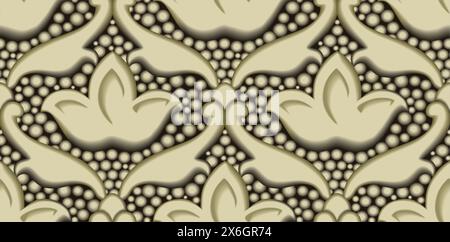 Elegant seamless vector pattern in Victorian vintage style, featuring beige floral damask elements and a dotted textured background with a subtle 3D e Stock Vector