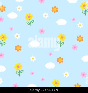 Illustration of sunflower, cloud, flowers on pastel blue background for floral print, pattern, kid clothes, gift wrap, packaging, fabric, wallpaper Stock Vector