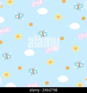 Illustration of butterfly, flower, cloud on pastel blue background for floral print, pattern, kid clothes, gift wrap, packaging, fabric, wallpaper Stock Vector