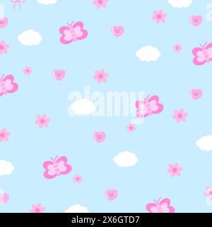 Illustration of butterfly, heart, flower on pastel blue background for floral print, pattern, kid clothes, gift wrap, packaging, fabric, wallpaper, ad Stock Vector