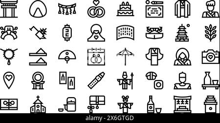 Japanese Wedding Icons collection is a vector illustration with editable stroke. Stock Vector