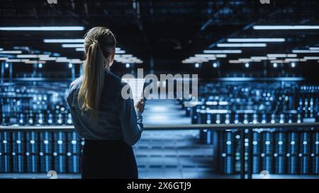 Data Center Female Programmer and Maintenance IT Specialist Overlooking Cloud Computing Server Farm. System Administrator Working on Cyber Security for Iaas, saas, paas. Back View Shot Stock Photo