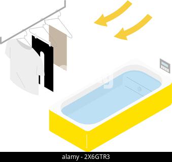 Home remodeling, bathroom with bathroom heater/dryer, isometric illustration, Vector Illustration Stock Vector