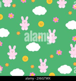 Illustration of bunny, cloud, flowers on green background for floral print, pattern, kid clothes, gift wrap, packaging, fabric, wallpaper, backdrop Stock Vector
