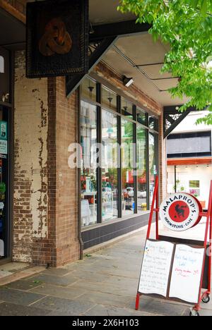 A sign outside Malaprop's Bookstore in downtown Asheville, North Carolina advised on the store's new books and upcoming events and sales Stock Photo