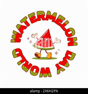 happy world watermelon day. cute retro cartoon character. Vintage trendy old style. For sale, cards and banners. Fruit graphic design for posters, des Stock Vector