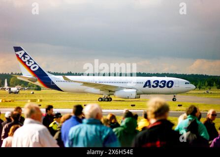 Prototype Airbus A330 200 version of the A330 range, on display at Farnborough International Airshow 1998. F-WWKA was the first 200 model and first flew in August 1997. After being used as a test and promotional aircraft it went on to serve with Austrian Airlines and TAP Air Portugal before being withdrawn from service and stored in 2018 Stock Photo