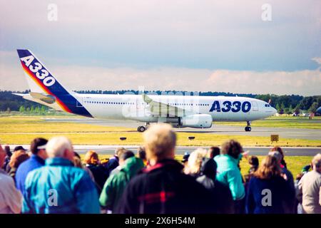 Prototype Airbus A330 200 version of the A330 range, on display at Farnborough International Airshow 1998. F-WWKA was the first 200 model and first flew in August 1997. After being used as a test and promotional aircraft it went on to serve with Austrian Airlines and TAP Air Portugal before being withdrawn from service and stored in 2018 Stock Photo