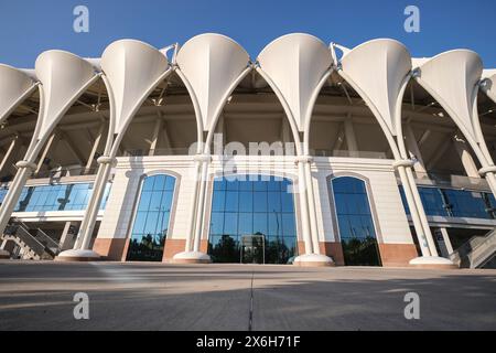 Exterior view of the curvy, white, fabric, textile design. At the ...