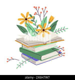 Books stack with fresh flower sand leaves 2D cartoon objects. Home library with spring bouquet isolated line vector elements white background Stock Vector
