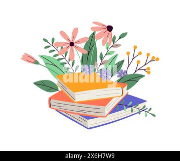Books stack with fresh flower sand leaves 2D cartoon objects. Home library with spring bouquet isolated line vector elements white background Stock Vector