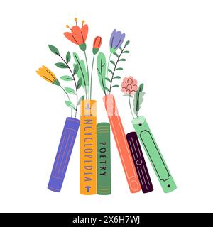Books stack with fresh flower sand leaves 2D cartoon objects. Home library with spring bouquet isolated line vector elements white background Stock Vector