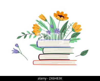 Books stack with fresh flower sand leaves 2D cartoon objects. Home library with spring bouquet isolated line vector elements white background Stock Vector