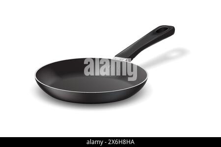 Nonstick frying pan with handle realistic vector illustration. Kitchen dishware design. Food preparation equipment 3d object on white background Stock Vector