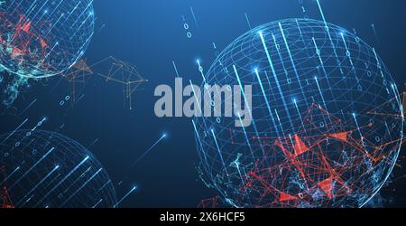 Big data numeric Sphere  theme with connected lines in technology style background.  Abstract 3d grid design. Stock Vector