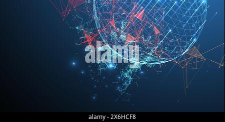Big data numeric Sphere  theme with connected lines in technology style background.  Abstract 3d grid design. Stock Vector