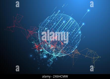 Big data numeric Sphere  theme with connected lines in technology style background.  Abstract 3d grid design. Stock Vector