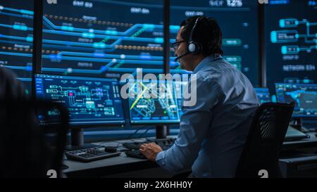 Professional IT Technical Support Specialist and Software Developer Working on Computer in Monitoring Control Room with Digital Screens. Employee Uses Headphones with Mic and Talking on a Call. Stock Photo