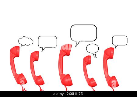 Red telephone handsets with blank speech bubbles on a white background with copy space Stock Photo