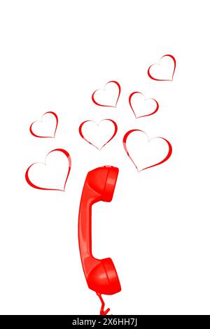 Red telephone handset with red herts on a white background with copy space Stock Photo