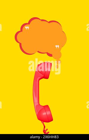 Red telephone handset with an orange speech bubble with quotation marks on a yellow background with copy space Stock Photo