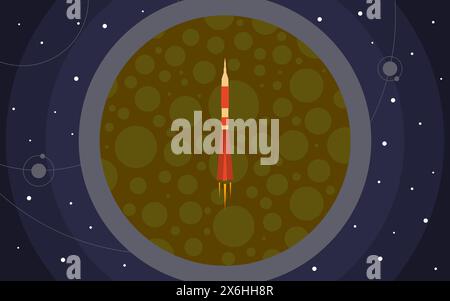 The rocket in space against the backdrop of the planet. Space travel. Vector illustration with flying rocket. Stock Vector
